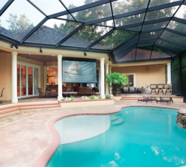 Picture showing possibilities of bring projector screens and tv options to your outdoor pool lanai.